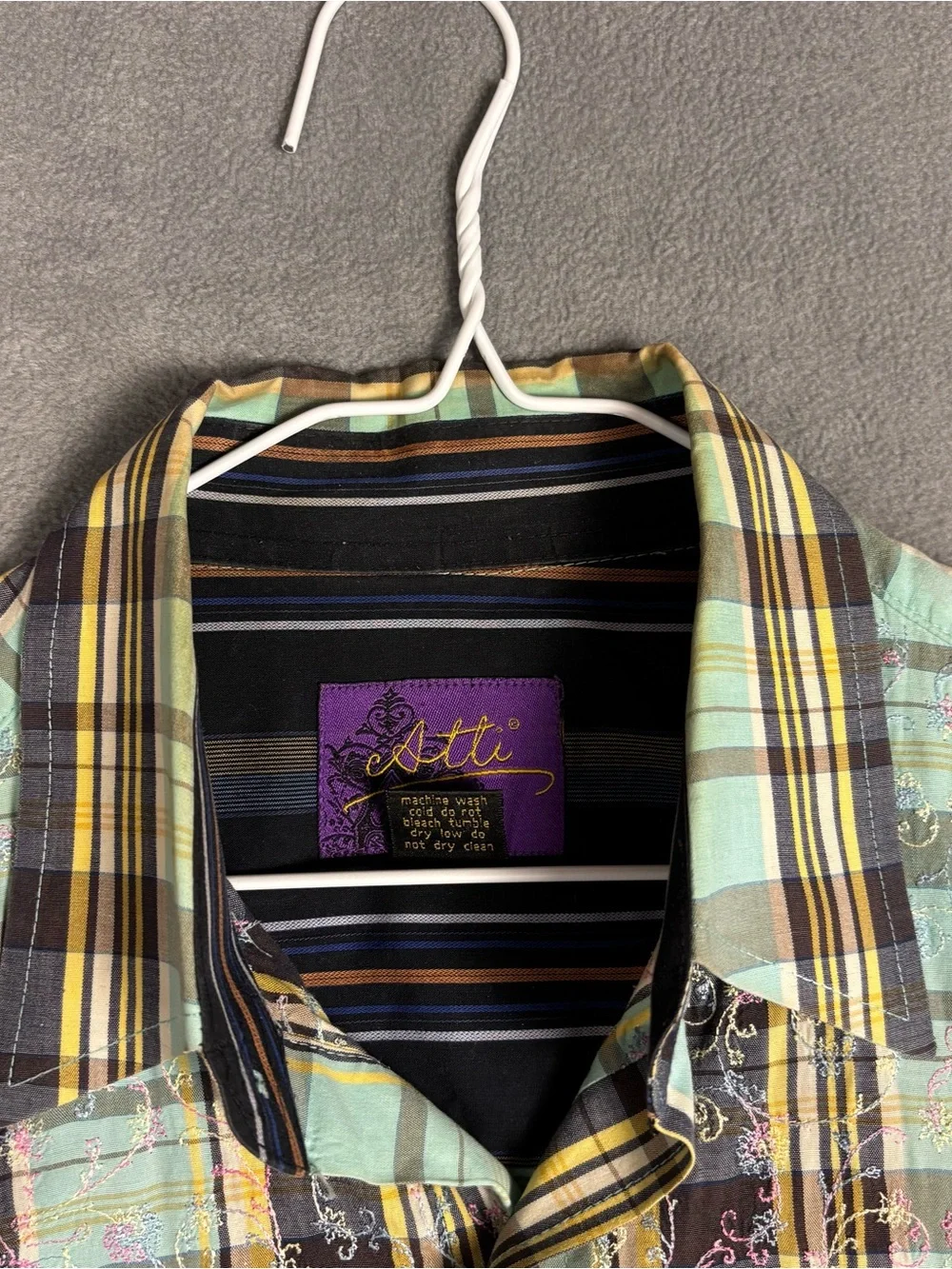Atti Mens XL Button Up Shirt Plaid Floral Embroidered Long Sleeve Mint Green